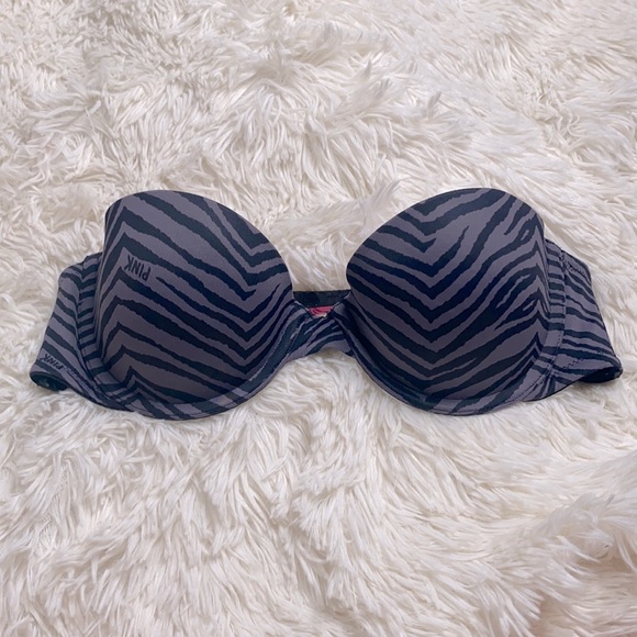 Pink by Victoria’s Secret Strapless Multi Way Demi Black Gray Zebra Bra Size 34A - Picture 1 of 10